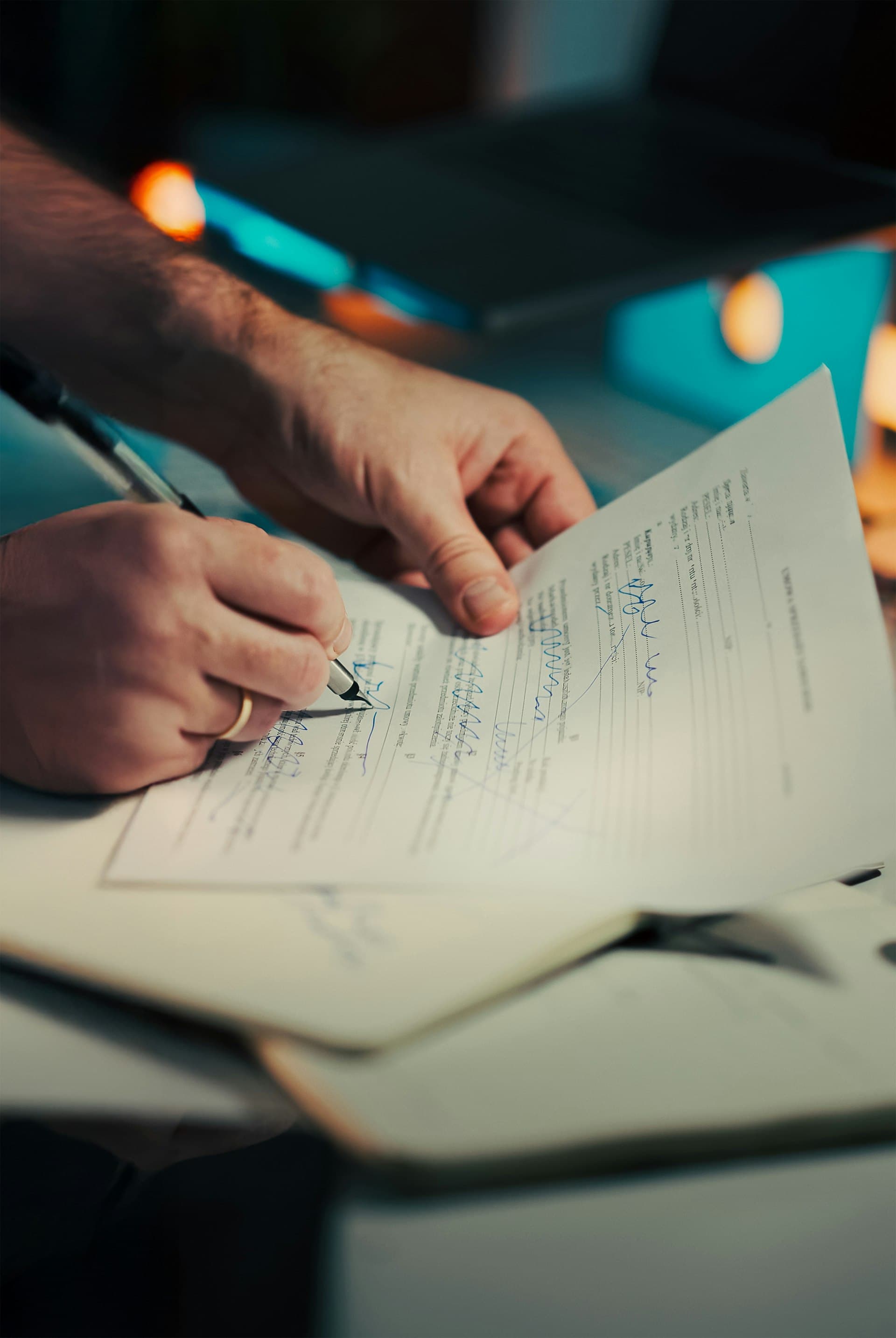 A person signing a printed agreement with a pen
